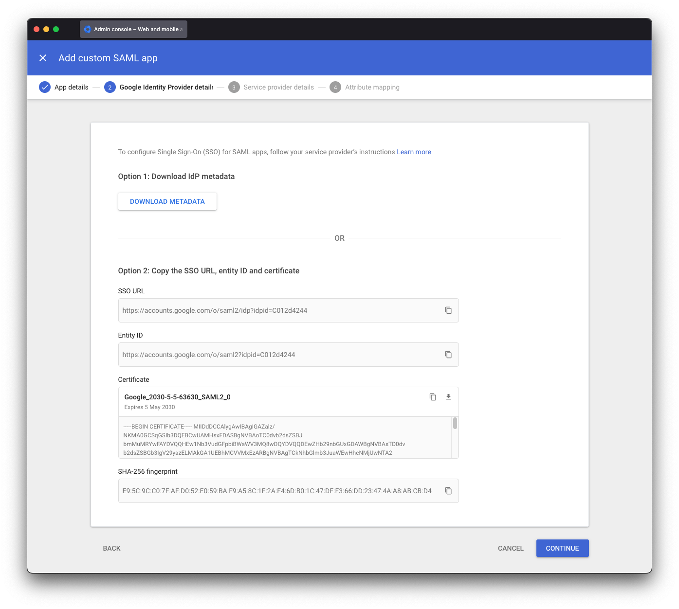 Google Workspace IdP details to skip